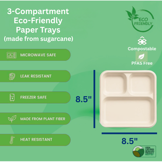 Ready Restock 8.5” Square 3-Compartment Eco-Friendly Plate Trays – 50 Pack