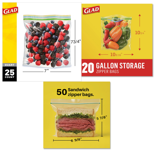 Glad Zipper Food Storage Plastic Bags Variety Pack, Sandwich, Quart, and Gallon Size, 95 Count