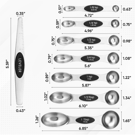 Ready Restock Stainless Steel Magnetic Measuring Spoons, Black, Dual Sided, Set of 8