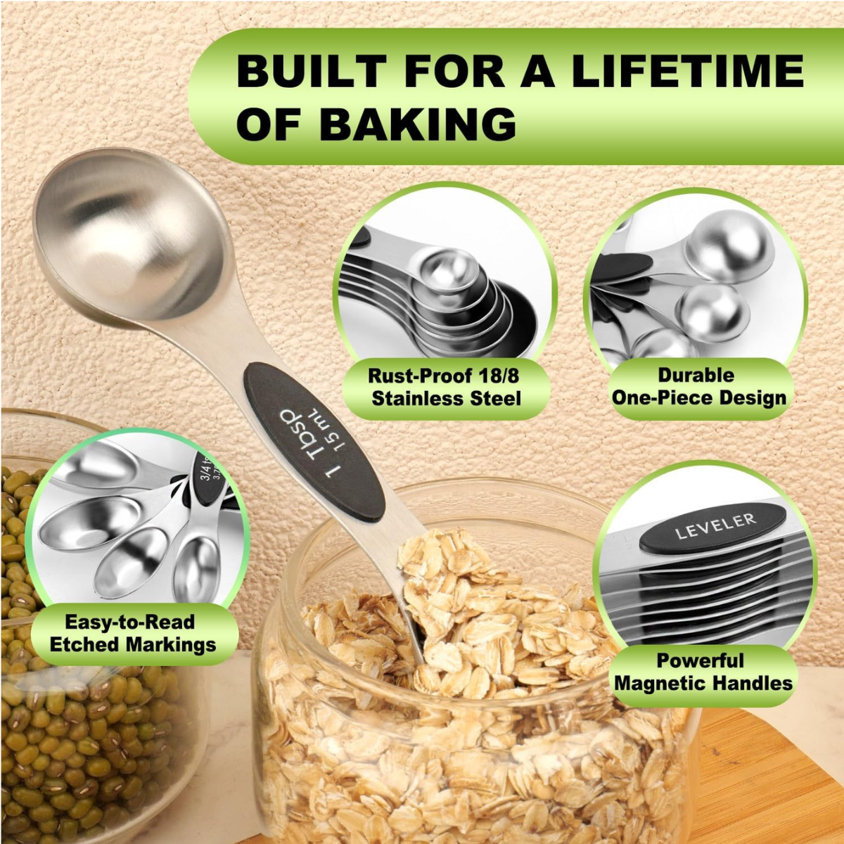Ready Restock Stainless Steel Magnetic Measuring Spoons, Black, Dual Sided, Set of 8