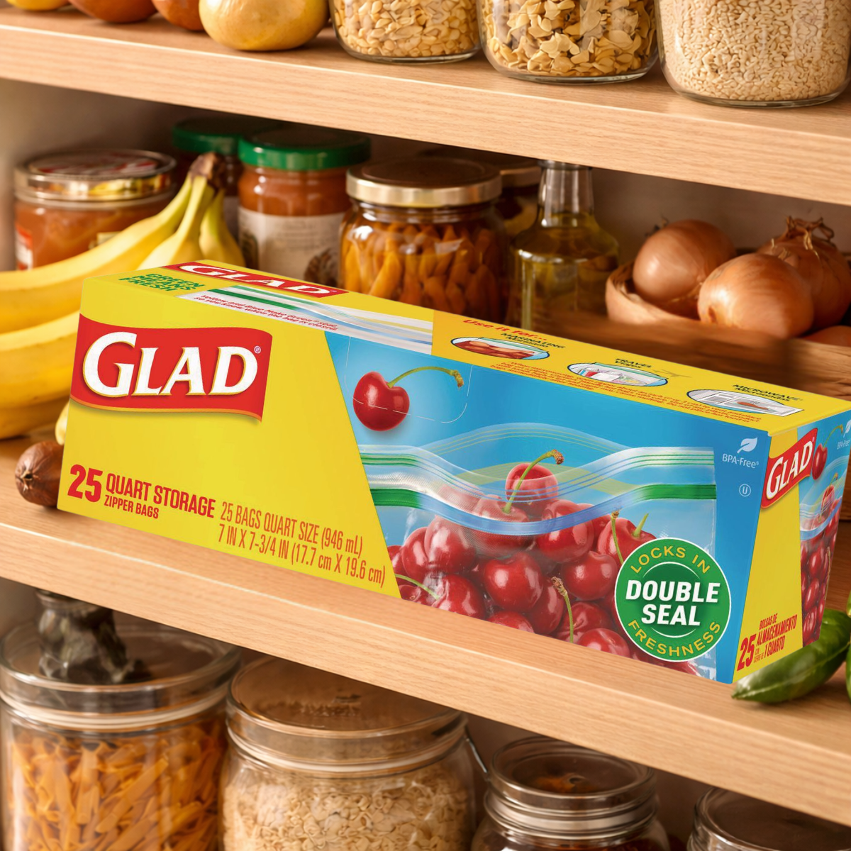 Glad Zipper Food Storage Plastic Bags, Quart Size, 25 Count