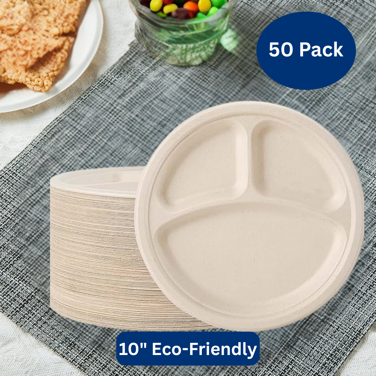 Ready Restock 10”  3-Compartment Eco-Friendly Plates – 50 Pack
