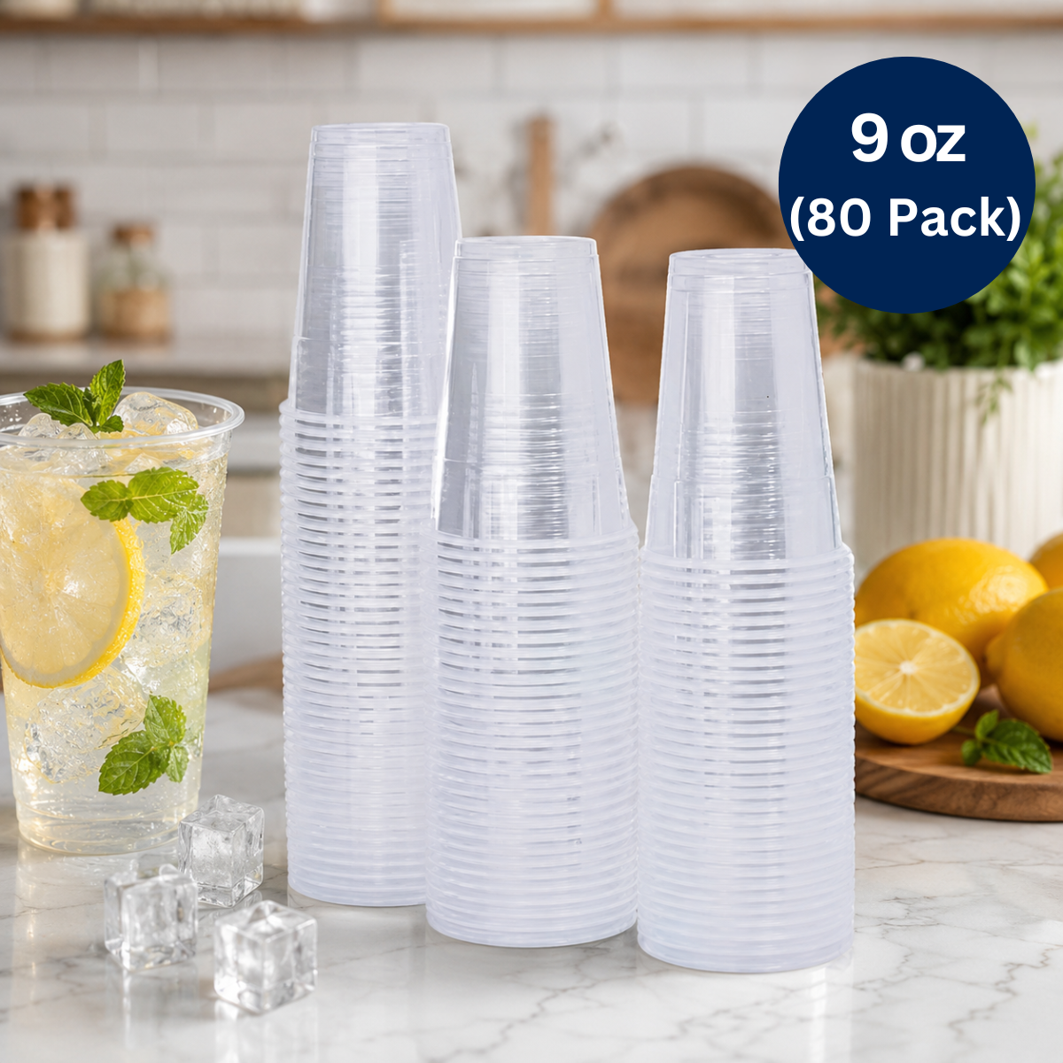 Himson Disposable Clear Plastic Cups, 9oz, Extra Strong, 80 Pack