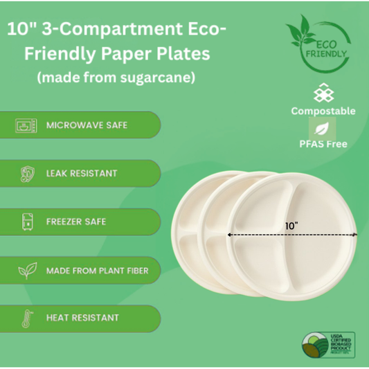 Ready Restock 10”  3-Compartment Eco-Friendly Plates – 50 Pack