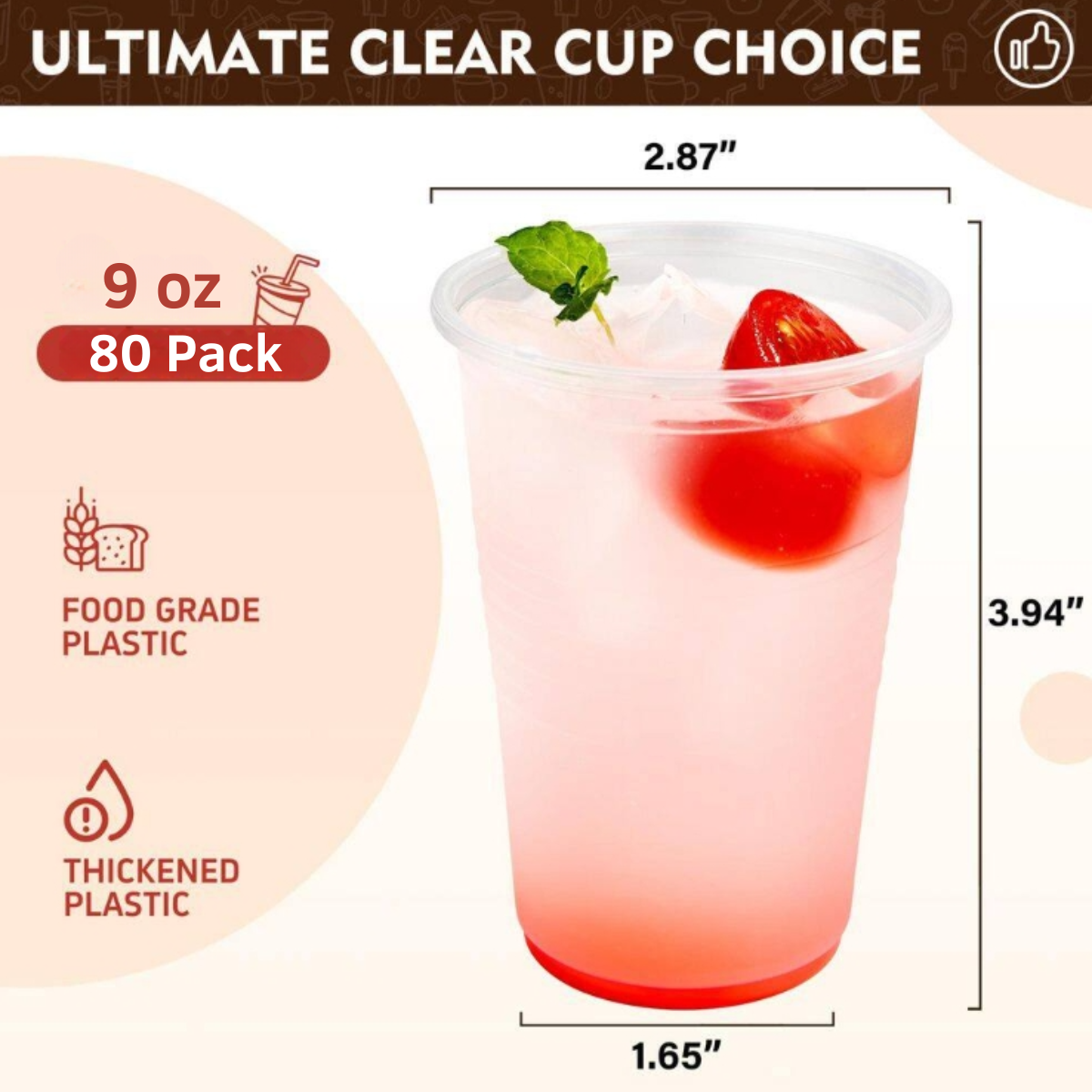 Himson Disposable Clear Plastic Cups, 9oz, Extra Strong, 80 Pack