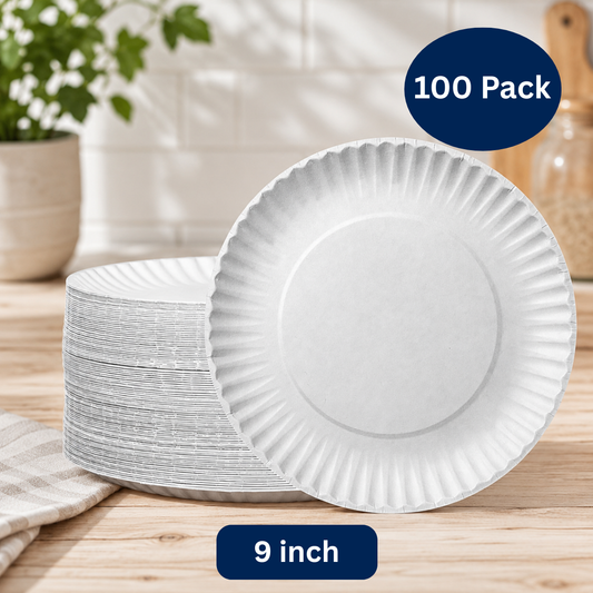 Ready Restock 9" Uncoated White Paper Plates, Microwave Safe, 100 Pack