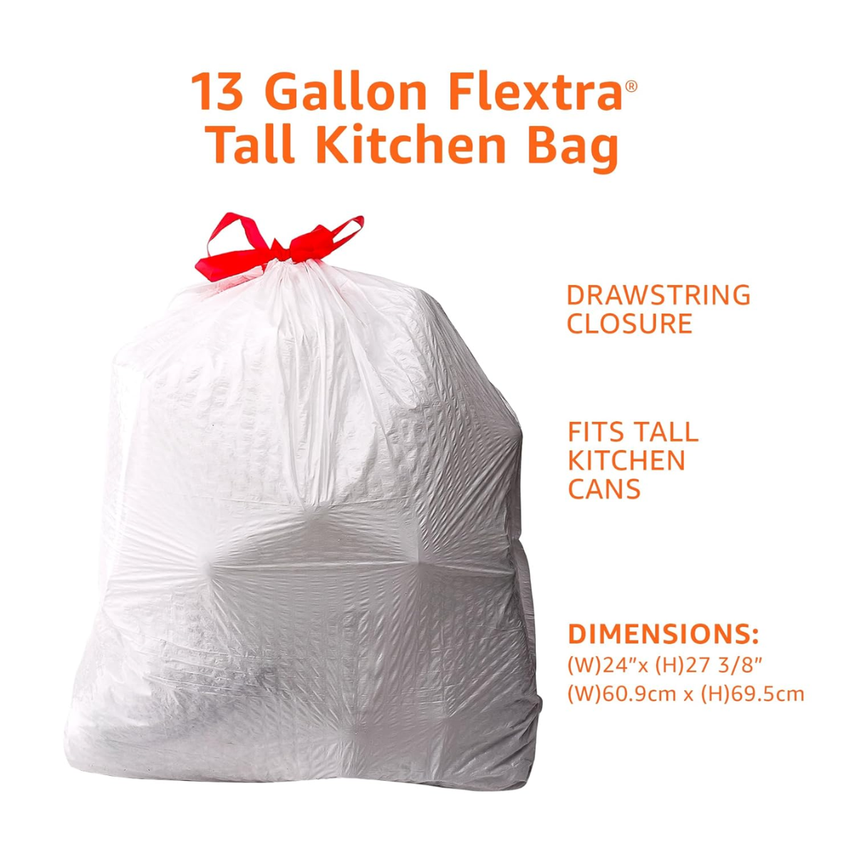 13 Gal. – Amazon Basics Flextra Strength Tall Kitchen Drawstring Trash Bags, Unscented, Tear Resistant - 50 Count