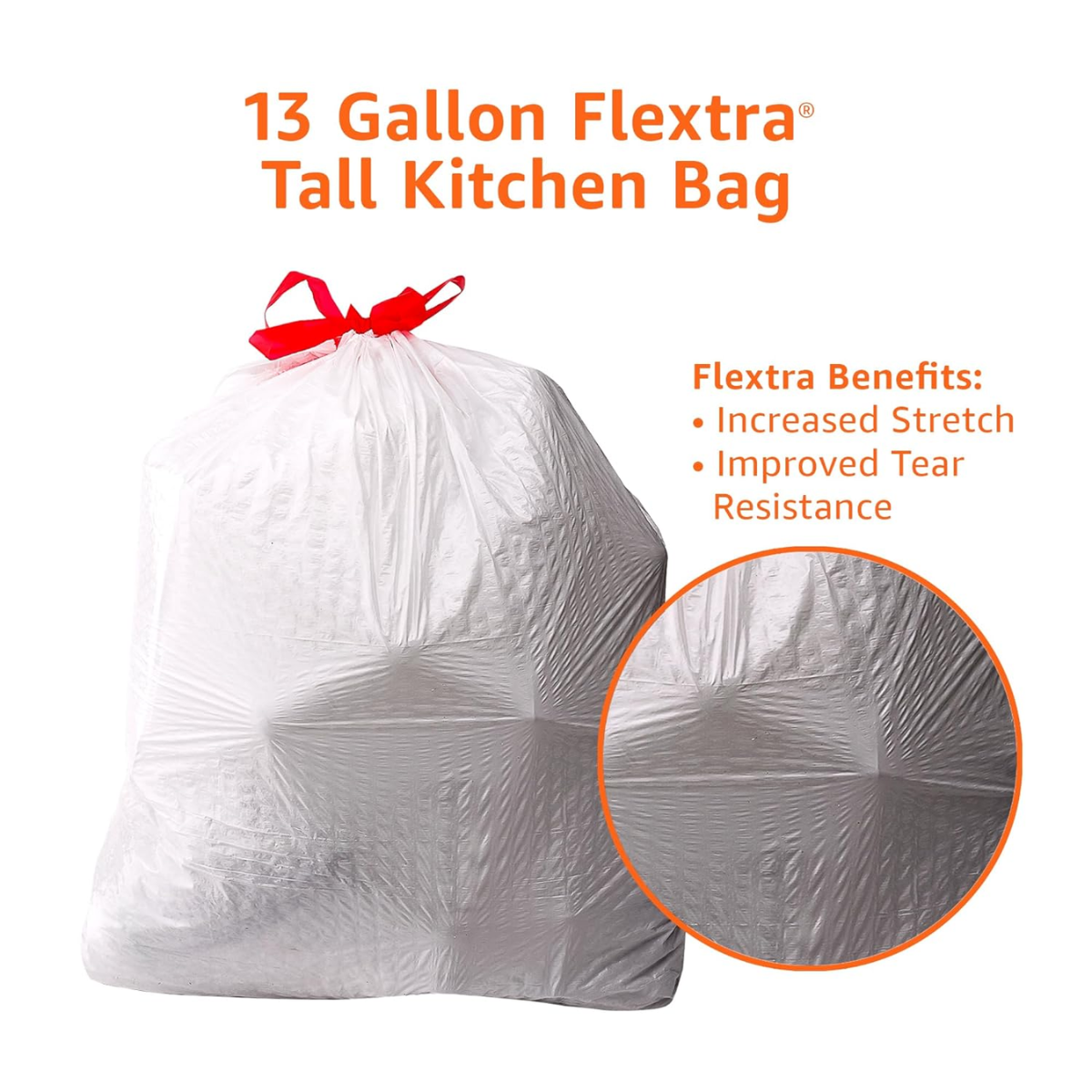13 Gal. – Amazon Basics Flextra Strength Tall Kitchen Drawstring Trash Bags, Unscented, Tear Resistant - 50 Count