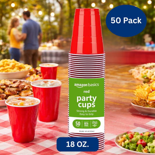 Amazon Basics Sturdy Disposable Plastic Party Cups, Red, 18 oz, BPA Free, 50 Pack