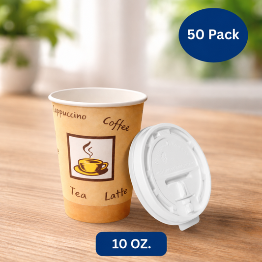 Ready Restock 10 oz. Disposable Paper Coffee Cups with Lids – 50 Pack